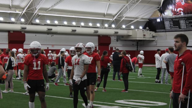 Skyler Bell and Alexander Smith during spring practice on Thursday.